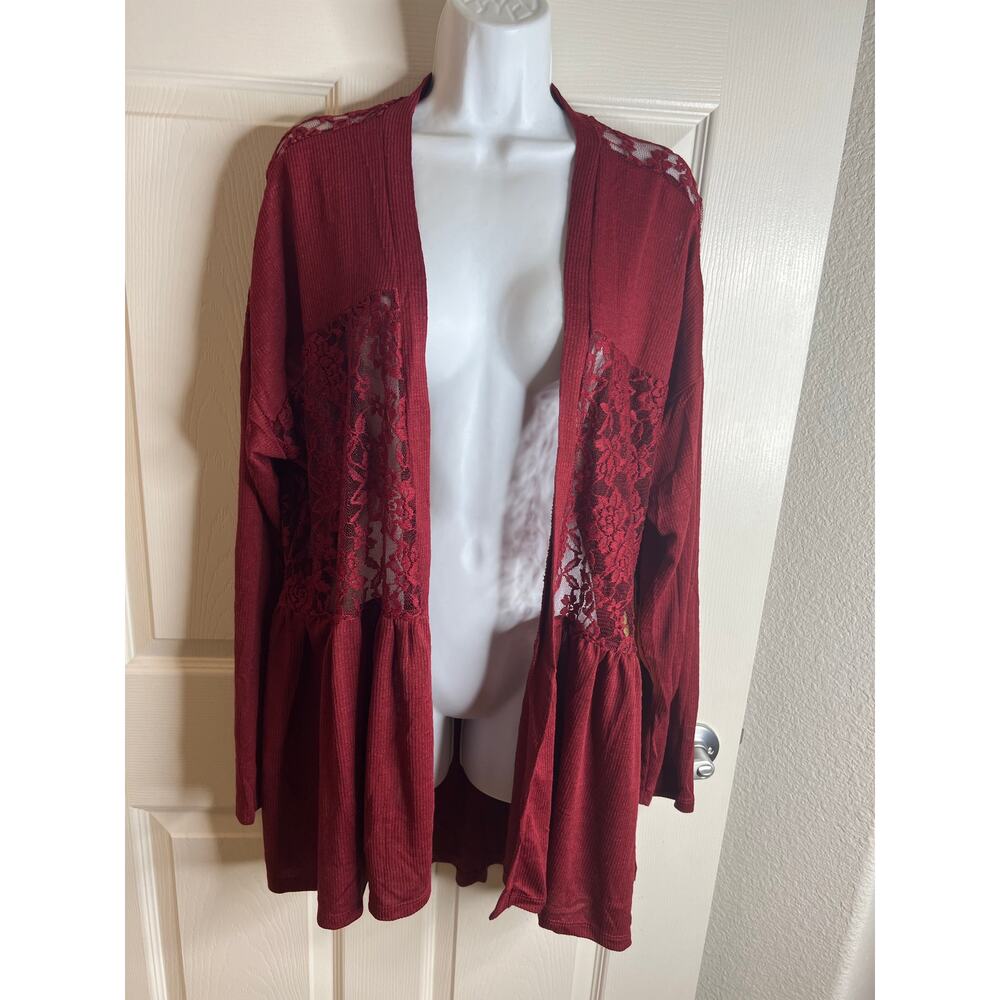 Paper + Tee Women's Floral Mesh Lace Open Cardigan Burgundy NEW ~ Size 2X